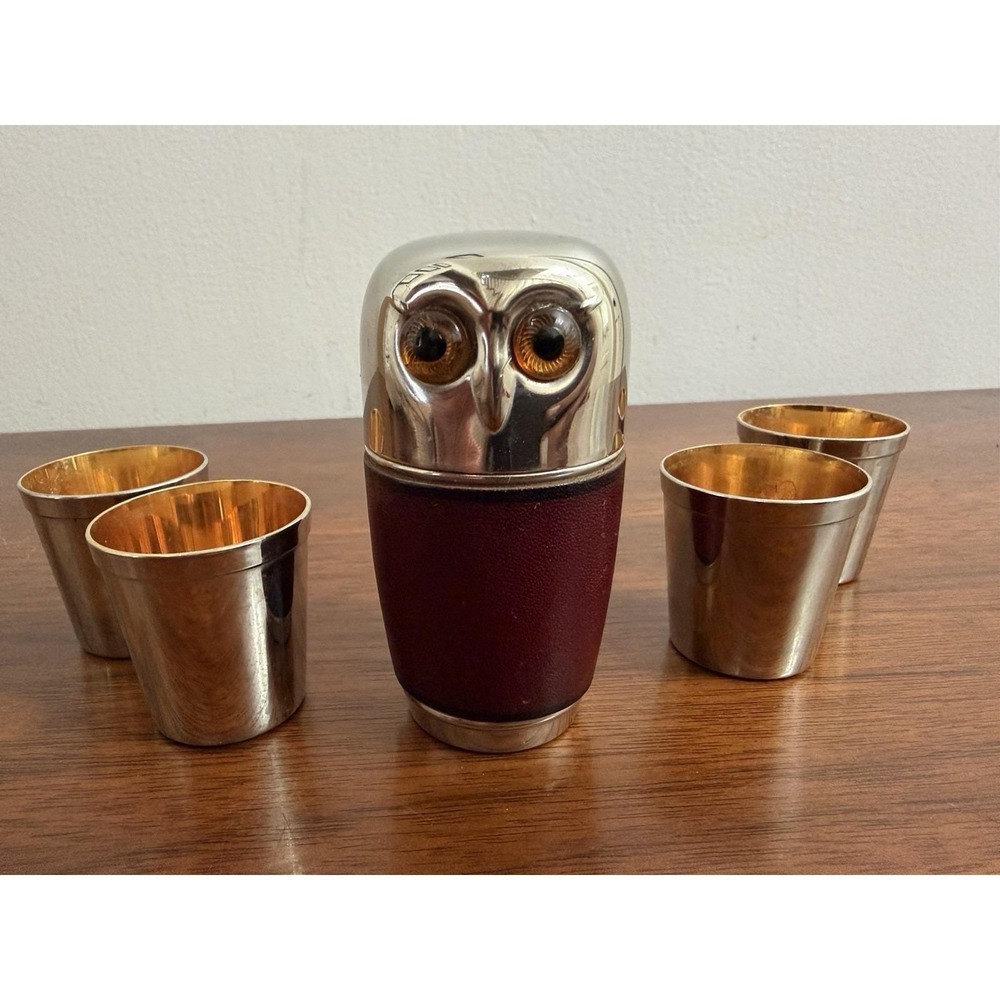 Midcentury Owl Leather And Metal Jigger Four Shot Glass Set Barware Vintage Rare - Picture 2 of 5